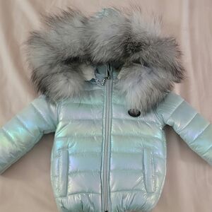 Iridescent Puffer Jacket with Faux Fur Hood